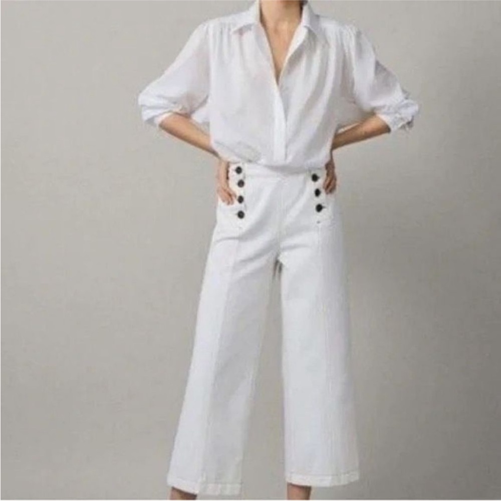 Massimo Dutti Sailor High-Rise Cropped Wide Leg Cotton Jeans/Pants Cream Size 8